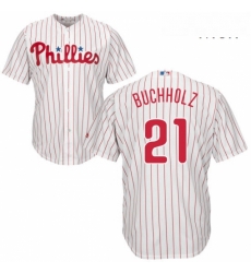 Mens Majestic Philadelphia Phillies 21 Clay Buchholz Replica WhiteRed Strip Home Cool Base MLB Jersey 