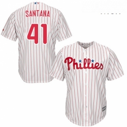 Mens Majestic Philadelphia Phillies 41 Carlos Santana Replica WhiteRed Strip Home Cool Base MLB Jersey 