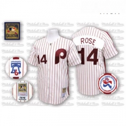 Mens Mitchell and Ness Philadelphia Phillies 14 Pete Rose Replica WhiteRed Strip Throwback MLB Jersey