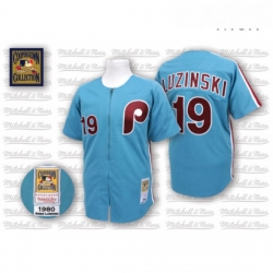 Mens Mitchell and Ness Philadelphia Phillies 19 Greg Luzinski Replica Blue Throwback MLB Jersey