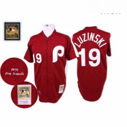 Mens Mitchell and Ness Philadelphia Phillies 19 Greg Luzinski Replica Red Throwback MLB Jersey