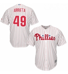 Youth Majestic Philadelphia Phillies 49 Jake Arrieta Replica WhiteRed Strip Home Cool Base MLB Jersey 