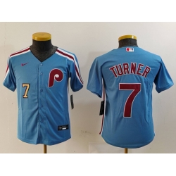 Youth Philadelphia Phillies 7 Trea Turner Blue Cool Base Stitched Baseball Jersey 2