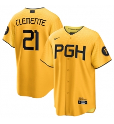 Men Pittsburgh Pirates 21 Roberto Clemente Gold 2023 City Connect Stitched Jersey