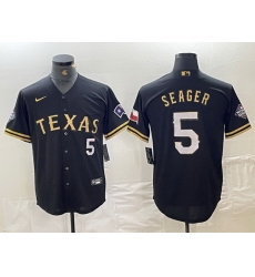 Men Texas Rangers 5 Corey Seager Number Black Gold Cool Base jerseys