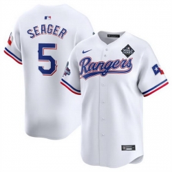 Men Texas Rangers 5 Corey Seager White 2023 World Series Patch And Champions Patch Stitched Baseball Jersey