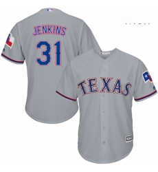 Mens Majestic Texas Rangers 31 Ferguson Jenkins Replica Grey Road Cool Base MLB Jersey