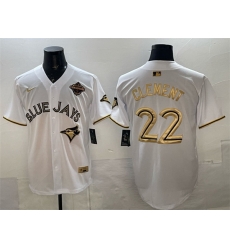 Men Toronto Blue Jays 22 Ernie Clement White Gold 2025 American League Champions Limited Stitched Baseball Jersey Men Toronto Blue Jays 22 Ernie Clement White Gold 2025 American League Champions Limited Stitched Baseball Jersey