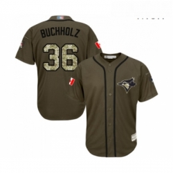 Mens Toronto Blue Jays 36 Clay Buchholz Authentic Green Salute to Service Baseball Jersey 