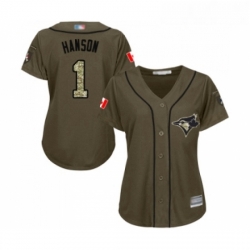 Womens Toronto Blue Jays 1 Alen Hanson Authentic Green Salute to Service Baseball Jersey 