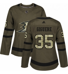 Womens Adidas Anaheim Ducks 35 Jean Sebastien Giguere Authentic Green Salute to Service NHL Jersey 