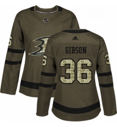 Womens Adidas Anaheim Ducks 36 John Gibson Authentic Green Salute to Service NHL Jersey 