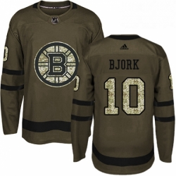 Mens Adidas Boston Bruins 10 Anders Bjork Authentic Green Salute to Service NHL Jersey 