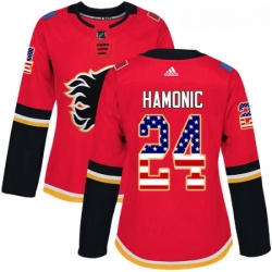 Womens Adidas Calgary Flames 24 Travis Hamonic Authentic Red USA Flag Fashion NHL Jersey 