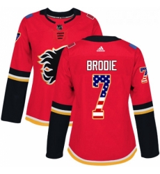 Womens Adidas Calgary Flames 7 TJ Brodie Authentic Red USA Flag Fashion NHL Jersey 