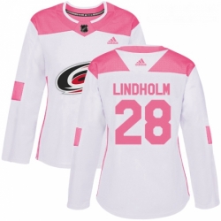 Womens Adidas Carolina Hurricanes 28 Elias Lindholm Authentic WhitePink Fashion NHL Jersey 