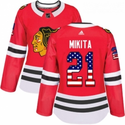 Womens Adidas Chicago Blackhawks 21 Stan Mikita Authentic Red USA Flag Fashion NHL Jersey 