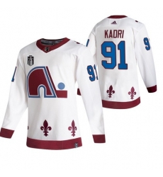 Men Colorado Avalanche 91 Nazem Kadri White 2022 Stanley Cup Final Patch Reverse Retro Stitched Jersey