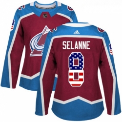 Womens Adidas Colorado Avalanche 8 Teemu Selanne Authentic Burgundy Red USA Flag Fashion NHL Jersey 