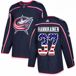 Mens Adidas Columbus Blue Jackets 37 Markus Hannikainen Authentic Navy Blue USA Flag Fashion NHL Jersey 