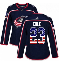 Womens Adidas Columbus Blue Jackets 23 Ian Cole Authentic Navy Blue USA Flag Fashion NHL Jersey 