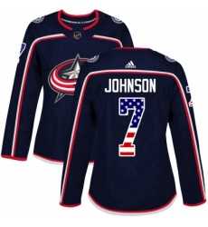 Womens Adidas Columbus Blue Jackets 7 Jack Johnson Authentic Navy Blue USA Flag Fashion NHL Jersey 