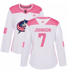 Womens Adidas Columbus Blue Jackets 7 Jack Johnson Authentic WhitePink Fashion NHL Jersey 