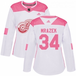 Womens Adidas Detroit Red Wings 34 Petr Mrazek Authentic WhitePink Fashion NHL Jersey 