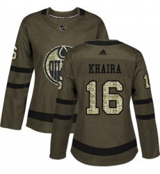 Womens Adidas Edmonton Oilers 16 Jujhar Khaira Authentic Green Salute to Service NHL Jersey 