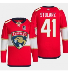Men Florida Panthers 41 Anthony Stolarz Red 2024 Stanley Cup Final Patch Stitched Jersey