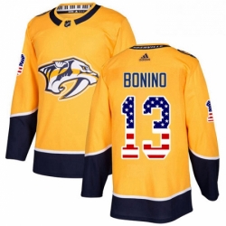 Mens Adidas Nashville Predators 13 Nick Bonino Authentic Gold USA Flag Fashion NHL Jersey 