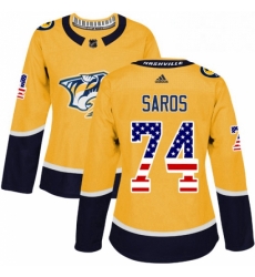 Womens Adidas Nashville Predators 74 Juuse Saros Authentic Gold USA Flag Fashion NHL Jersey 