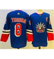 Men New York Rangers 8 Jacob Trouba Blue 2022 23 Reverse Retro Stitched Jersey