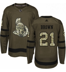 Mens Adidas Ottawa Senators 21 Logan Brown Authentic Green Salute to Service NHL Jersey 