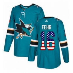 Mens Adidas San Jose Sharks 16 Eric Fehr Authentic Teal Green USA Flag Fashion NHL Jerse