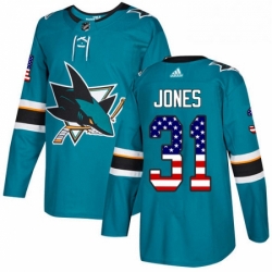 Mens Adidas San Jose Sharks 31 Martin Jones Authentic Teal Green USA Flag Fashion NHL Jersey 