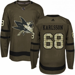 Mens Adidas San Jose Sharks 68 Melker Karlsson Authentic Green Salute to Service NHL Jersey 