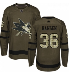 Youth Adidas San Jose Sharks 36 Jannik Hansen Authentic Green Salute to Service NHL Jersey 