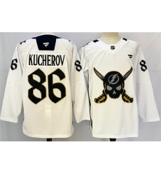 Men Tampa Bay Lightning 86 Nikita Kucherov 2024 25 White Gasparilla Inspired Pirate Themed Warmup Stitched Jersey