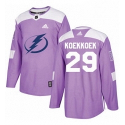 Mens Adidas Tampa Bay Lightning 29 Slater Koekkoek Authentic Purple Fights Cancer Practice NHL Jersey 