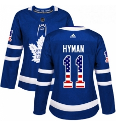 Womens Adidas Toronto Maple Leafs 11 Zach Hyman Authentic Royal Blue USA Flag Fashion NHL Jersey 