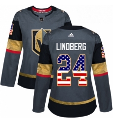 Womens Adidas Vegas Golden Knights 24 Oscar Lindberg Authentic Gray USA Flag Fashion NHL Jersey 