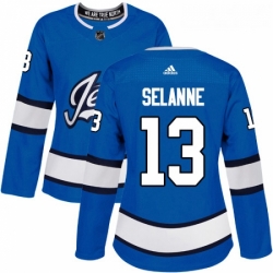 Womens Adidas Winnipeg Jets 13 Teemu Selanne Authentic Blue Alternate NHL Jersey 