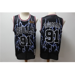 Bulls 91 Dennis Rodman Black Hardwood Classics Lightning Limited Edition Jersey