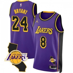 Men Los Angeles Lakers Front 8 Back 24 Kobe Bryant Purple 2025 California Patch Stitched Basketball Jersey