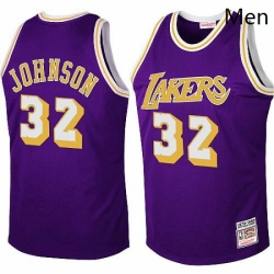 Mens Mitchell and Ness Los Angeles Lakers 32 Magic Johnson Authentic Purple Throwback NBA Jersey