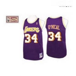 Mens Mitchell and Ness Los Angeles Lakers 34 Shaquille ONeal Authentic Purple Throwback NBA Jersey