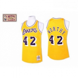 Mens Mitchell and Ness Los Angeles Lakers 42 James Worthy Authentic Gold Throwback NBA Jersey