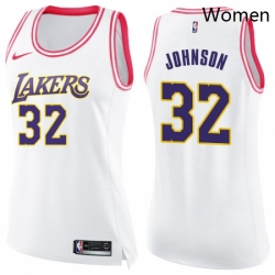 Womens Nike Los Angeles Lakers 32 Magic Johnson Swingman WhitePink Fashion NBA Jersey