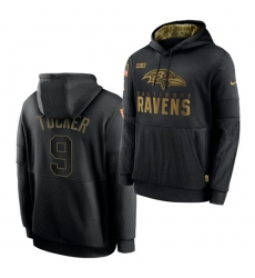 Men Baltimore Ravens 9 Justin Tucker 2020 Salute To Service Black Sideline Performance Pullover Hoodie